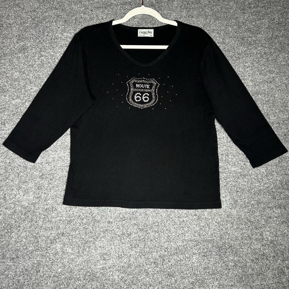 Vintage Cactus Bay Apparel Womens Top Size Xl Route 66 Embellished Black